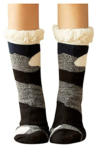 Momolaa Superweiche, warme, mit Fleece gefütterte Grippers Slipper Wintersocken für Damen Rennrad Socken Herren (Black, One Size)