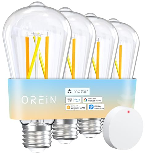 OREiN Matter Smart Light Bulb, ST19(58) Smart Edison Bulbs with Remote Control Work with Apple Home, Alexa, Google Home, SmartThings, 800lm 2700K-6500K Smart Filament Bulb E26 Base 4Pack