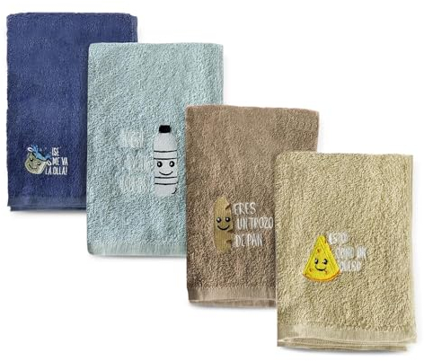TIENDA EURASIA – Paños de Cocina Bordados, Pack de 4 Unidades, Distintas Frases, Diseños y Colores, 50x50x0,5cm, Multiusos, 100% Algodón, Suave, Resistente y Absorbente (Colores Oscuros)