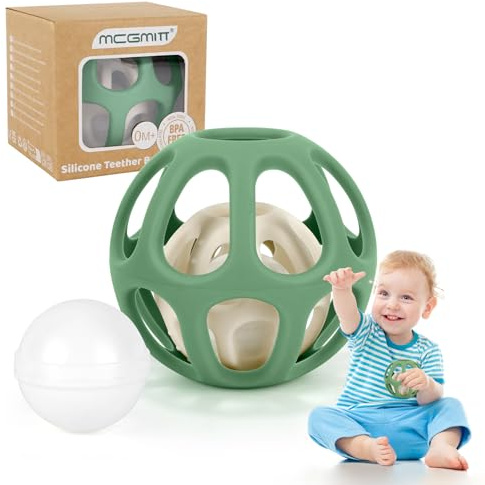 MCGMITT Giochi Sonaglio Dentizione Del Neonato - Palla Sensoriale in Silicone con Sonaglio Montessori Gioco Educativo per Bambini 0-3-9-12 Mesi Palla da Afferrare Senza BPA, Regalo per Neonati, Verde