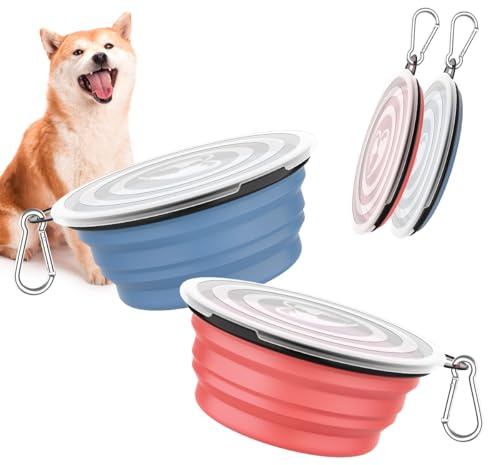 Pawaboo [2PZS Cuencos de Viaje de Silicona con Tapas para Perros Gatos con 1Litro de Capacidad, Alimentador de Agua Plegable Portátil, Tazones para Mascotas de Uso Doméstico, Rosa Claro + Azul