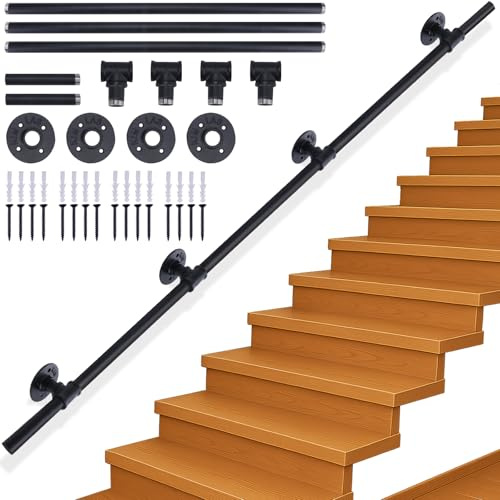 Xyxu Handrails for Stairs, 3.6M Black Banister Handrail Indoor Outdoor Hand Rails for Stairs, Non-Slip Industrial Style Grab stair Hand rails for Elderly with Wall Mounted Fittings –Smooth Welded Ends