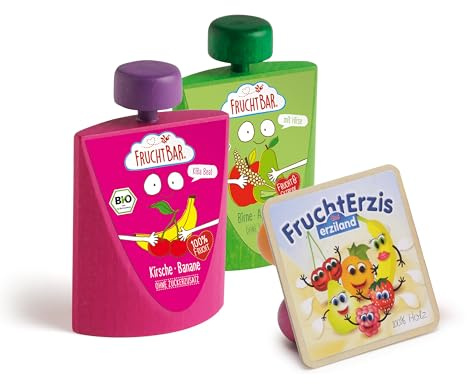 Erzi 03092 Kaufladenartikel für Kinder aus Holz, Set FruchtErzis und Quetschie Birne und KiBa von Fruchtbar, Rollenspiele