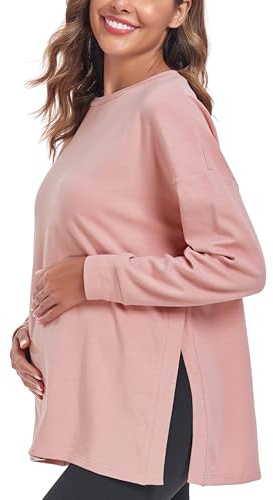 Love2Mi Top premaman da donna a maniche lunghe, vestibilità ampia, maglietta premaman con spacco laterale, abbigliamento premaman, Rosa polvere, S