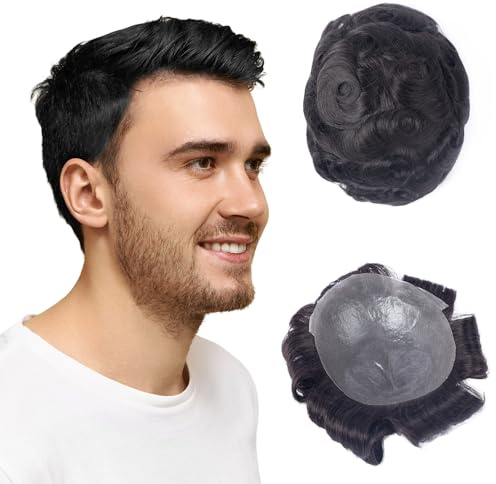 CARA Human Hair Toupee for Men, 8 x 10 inches, Ultra Thin Skin 0.04mm, V-loop, Medium Light Density, Color 1b (8X10 Simple bag packaging)