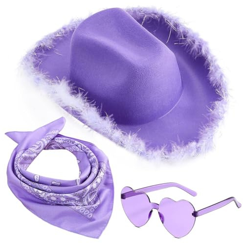 FCXVXCL Chapeau de Cowgirl, Chapeaux Cowboy Plume, Cowgirl Hat Avec lunettes et Violet Bandana pour Cosplay, Déguisement, Fête 3pcs