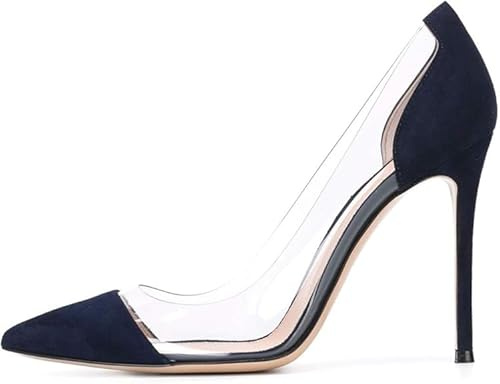 EDEFS Womens Transparent Heels Stiletto High Heels Pointed Cap Toe Court Shoes Slip-on Pumps Clear Dress Shoes 4 Inch Suede Navy UK5