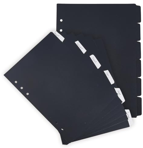 SUPERFINDINGS 2 Ensembles de 12 Feuilles A5 de Séparateurs pour Classeur en Plastique Noir avec 6 Onglets Séparateurs de Page d'Index Durables A5 avec 6 Anneaux pour Planificateur Carnet Journal