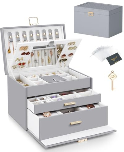 DesignSter Jewellery Box with 2 Drawers, 3 Layers Lockable Jewellery Organiser with Mirror, Large Leather Jewellery Storage Case for Earring Necklace Ring Bracelet, Grey