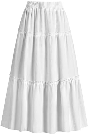 JASGOOD Maxi Skirts for Women Trendy Elastic High Waist Summer A-Line Layered Tiered Long Skirt for Beach Vacation