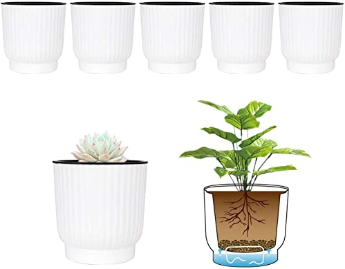 T4U 6pcs Bac à Fleurs Auto-Irrigation Plastique Rond - Blanc, Pot avec Réserve d'eau Pot avec Système d'Arrosage pour Planter Les Plantes Fleur Facilement, Décoration pour Jardin Maison