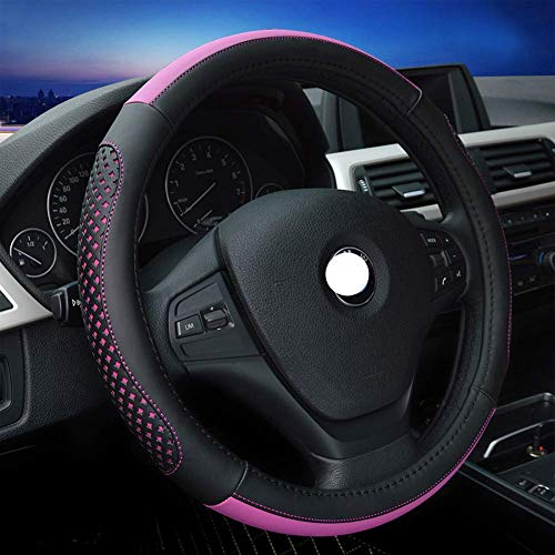 Coprivolante per auto Vera Pelle Pesante per Estate 38cm Hole Forforation Anti-Slip (Nero Rosa)