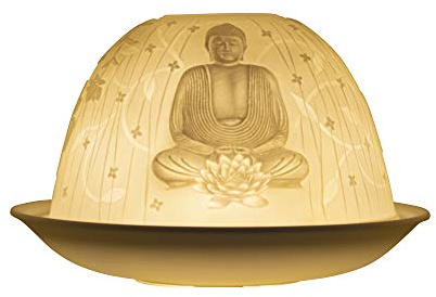 Nordic Lights Buddha Living White Porcelain Tealight Holder Dome Candle Holder Projecting a 3D Image Use With Scented Candle, LED Light Perfect Room Decor Lights Shade & Plate Set with Gift Box