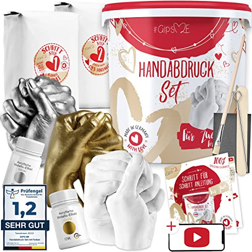 GipsME 3D Handabdruck Set für Paare mit Farbe metallic Gold [ Made in Germany ] Jahrestag Geschenk für Ihn & Sie, personalisierte Partner Geschenke zur Hochzeit, Gipsabdruck Hände Paar
