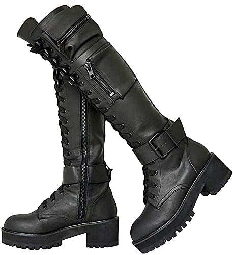 Lchongzhuo Frauen Schnalle Kampf Plateaustiefel - Schnüren Blockabsatz Motorrad Kniehohe Stiefel mit Versteckter Tasche - Militär Kniehohe Stiefel (Schwarz, 39 EU)
