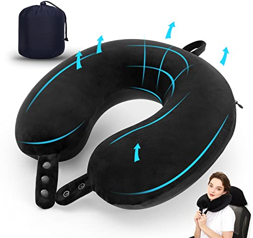 TALLGO Reise-Nackenkissen, bestes Memory-Schaum-Flugzeugkissen für Kopfstütze, weiches, verstellbares Kissen für Flugzeug, Auto und Zuhause (grau) (schwarz)