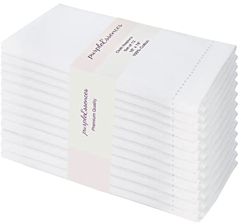 PurpleEssences Set of 12 Hemstitch Cloth Dinner Napkins 100% Cotton - Soft Durable Washable - Ideal for Wedding Spring Easter Summer - Perfect Everyday Use Table Linen 18x18 - White
