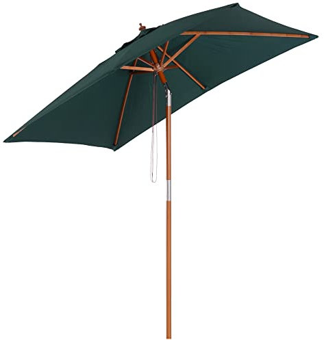 Outsunny Sombrilla Terraza Exterior 200x150 cm Sombrilla de Jardín Rectangular con Ángulo Ajustable Mástil de Madera y Manivela Parasol para Patio Terraza Verde