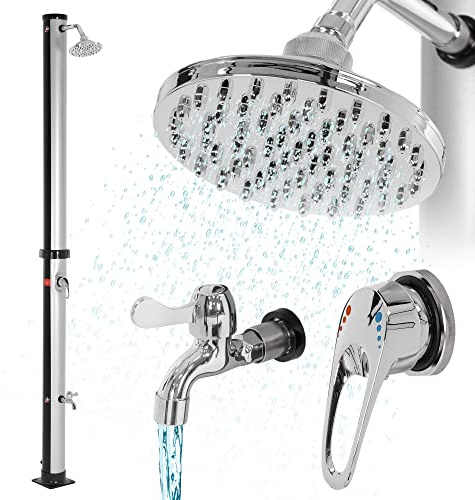 ML-Design Ducha Solar de Jardín Negro/Plata 20L 210cm Agua Caliente hasta 60°C sin Electricidad Conexión para Manguera Moderno Elegante Cabezal Ducha de Lluvia Ajustable y Grifo para Piscina Camping