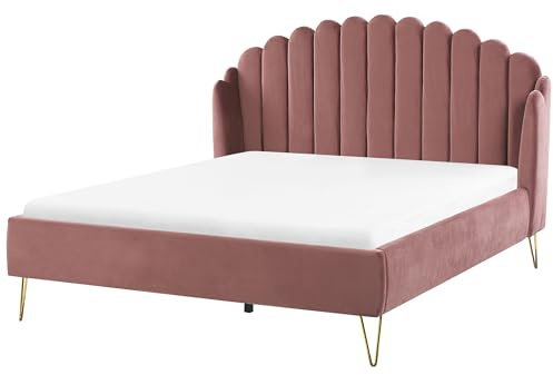 Letto con rete in velluto rosa 160 x 200 cm gambe in metallo testata retro capitonné
