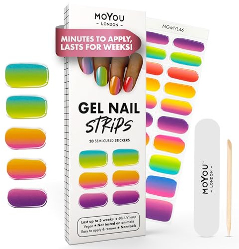 MOYOU LONDON Semi Cured Gel Nail Strips - 20 Pcs. Waterproof Gel Nail Wraps, Cures in Sunlight or UV/LED Lamp, Lasts Up to 2+ Weeks, Stretchable, Easy to Apply & Remove, Vegan & Cruelty-Free
