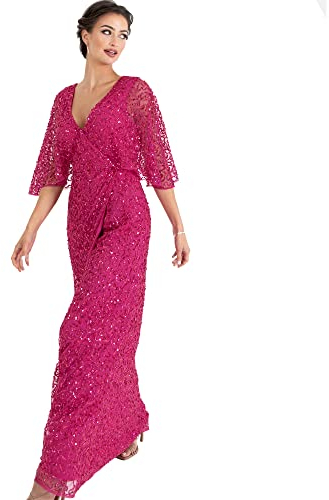 Maya Deluxe Damen Womens Maxi Ladies Sequin Embellished Wrap A-Line Dress for Wedding Guest Bridesmaid Evening Prom Ball Occasion Kleid, Fuchsia, 38