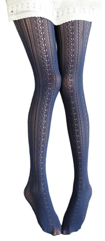Ailan Collant in cotone lavorato a maglia Collant in pizzo Calza a delicata sulla pelle Calze a righe scavate Collant Buona elasticità, Blu scuro