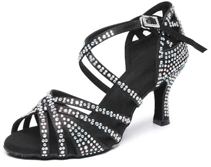 Rosefinch Zapatos de Baile Latino con Diamantes de imitación para Mujer,Moderno Pole Dance Baile de salón Zapatos de Boda Zapatos de latín para niñas Señoras Negro 7cm Tacón 38EU