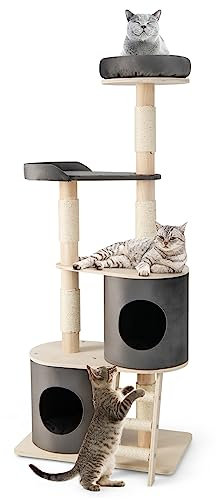 COSTWAY Wooden Cat Tree, 161cm Tall Cats Climbing Tower with 2 Condos, Sisal Scratching Posts Ladder and Top Perch, Multi-level Kitten Activity Center Play House for Indoor