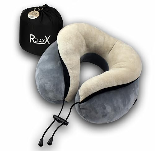 RELAXX Premium Komfort Nackenkissen für Flugzeug Auto Bus Bahn - Memory Foam Reisekissen - Nackenhörnchen für Erwachsene - Travel Pillow Nackenstützkissen - Reise Gadgets - Perfekter Reisebegleiter