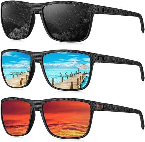 Rocf Rossini 3 Pack Polarized Sunglasses for Men Lightweight Sun Glasses with UV Protection for Driving Fishing Golf (Black+Ice Blue+Red)