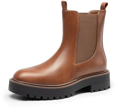 DREAM PAIRS Women's Chelsea Ankle Boots Booties,Brown-Pu,4.5