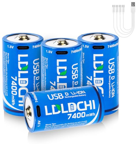 LDLDCHI Rechargeable Lithium D Batteries with 4-in-1 Charge Cable, 4 Pack 7400mWh 1.5V D Cell Rechargeable Batteries, Long Lasting, 1000 Cycles for Flashlight, Water Heater, Gas Stove