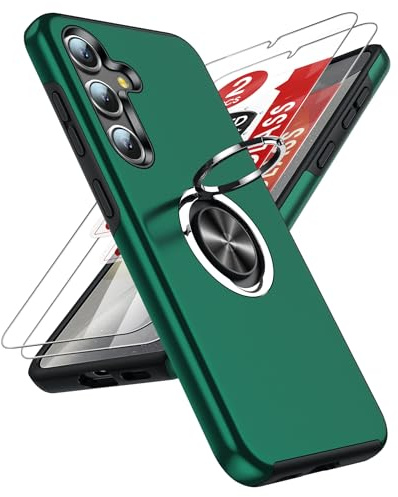 LeYi for Samsung Galaxy S25 Phone Case with 2 Tempered Glass Screen Protector and Invisible Phone Ring Holder, Shockproof Protective Cover for Samsung Galaxy S 25 - Green