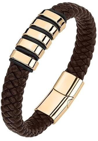 DUKOU Herrarmband läder, läderarmband för män brunt, handgjort flätat armband, läderarmband med rostfritt stål lås klassiskt manschettarmband present till män pojkar honom accessoarer