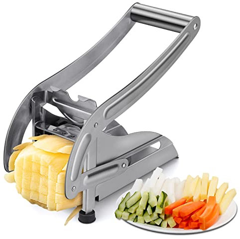 Pommesschneider, hicoosee Pommes Frites Schnitzer mit 2 Schneideeinsätzen, Kartoffelpresse aus Edelstahl mit Rutschfester Gummifuß, Kartoffelschneider für Zwiebel Kartoffel Karotte Obst Gemüse