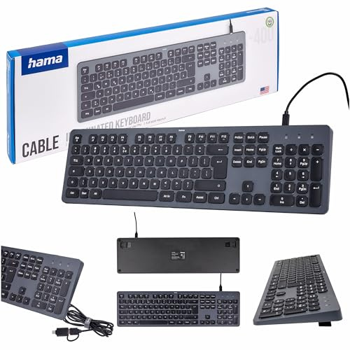 Hama CK-400 trådbundet tangentbord svart och grått (polskt QWERTY-chip, USB-bakgrundsbelyst tangentbord, AI-knapp, ergonomisk, tyst avtagbar kabel, multimedia-tangenter)