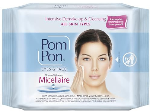 Pom Pon MICELLAIRE Toallitas Desmaquillantes para Rostro y Ojos, con Ingredientes Naturales, Desmaquillante y Limpieza Intensiva, 20 unidades