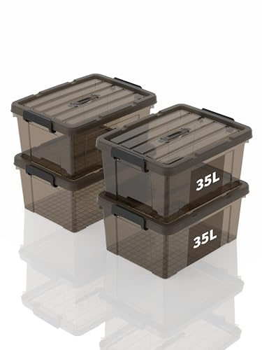 SpaceXpert Cajas de Almacenamiento de Plástico con Tapa y Asa 35L, Contenedor Apilable Resistente para Hogar, Oficina y Garaje, Fácil Transporte, Transparente Marrón Polipropileno, 35L (Paquete de 4)
