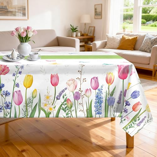 Arquiel Tulip Spring Floral Table Cloth Rectangle Machine Washable Summer Lavender Tablecloth, 60 * 84 inch, Polyester Flower Table Cover for Easter Kitchen Dinner Party Outdoor Decor