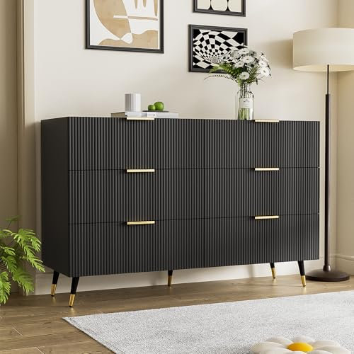 Doyisy Modernes kommode Schwarz, Sideboard mit 6 Schubladen,120x40x77cm Komodenschrank aus Holz mit goldenen Griffen und goldenen Beinen für Wohnzimmer, Esszimmer oder Schlafzimmer
