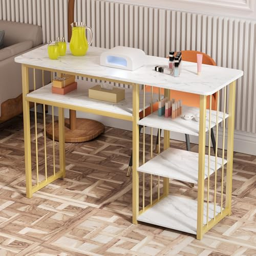 toilmua manikyrbord, nagelskrivbord för spa-salong, nagelbordsstation med 4 öppna hyllor, modern manikyrbord, metallram, manikyrskrivbord, 99,8 cm x 40,9 cm x 75,8 cm, vitt