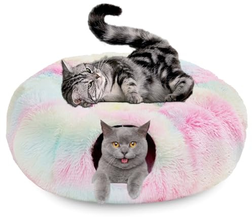 Tunnel per gatti in lino, cuccia estiva traspirante con letto, giocattolo interattivo pieghevole per gatti, gattini e piccoli animali (Colore)