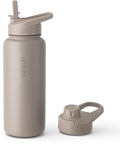 Vinsun Stainless Steel Water Bottle 1L - Leakproof, Keeps Drinks Hot & Cold, BPA Free, Straw Lid, Drinking Opening - Drinks Bottle for Gym, Outdoor