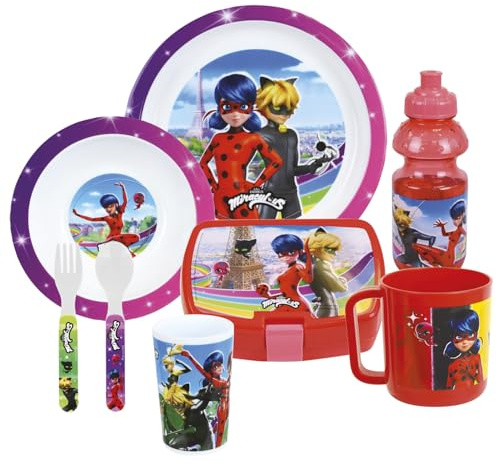 Fun House | Set Vaisselle Miraculous Enfant | Set Couverts + 2 Assiettes + Gourde + Gobelet + Boite à Goûter | Apprentissage Repas | Ladybug | Vaisselle Réutilisable et Micro-Ondable | Cadeau 36 Mois+