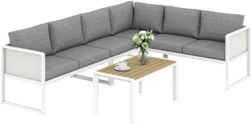 Outsunny Conjunto de Muebles Jardín Exterior Sofá en L Gris Claro y Blanco | 4 Piezas, Diseño Seccional, 3 Sofás de 2 Plazas, Asiento Textilene, Mesa Tablero WPC Efecto Madera, Cojines, Terraza