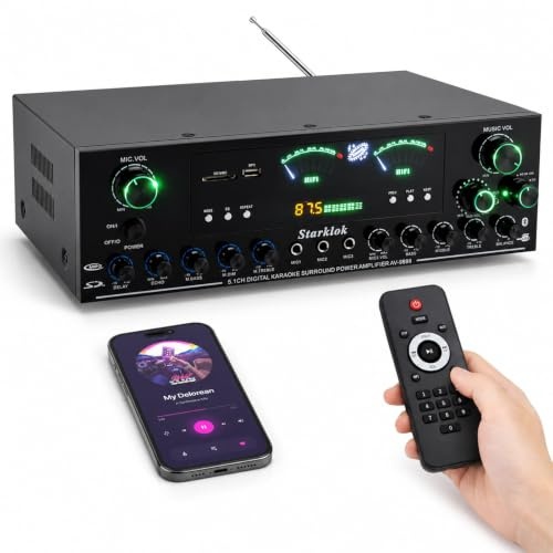 Amplificatore stereo HiFi da 3000 W, amplificatore stereo 5.1 canali, 3 ingressi microfono, Bluetooth 5.0, USB/FM/SD LED, controllo app, RCA, fibra ottica/ingresso coassiale per karaoke