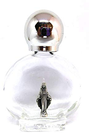 Frasco de vidrio con tapón plateado para agua bendita. Artículo diseñado con figura de la Virgen Milagrosa. Código artículo: 90.294.90 002