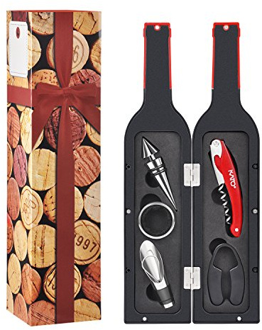 Kato Wine Bottle Accessories Gift Set - Wine Opener Kit Corkscrew Screw Pull, Stopper, Aerator Pourer, Foil Cutter, Drip Ring with Drink Stickers, Great Valentine's Gifts, Red