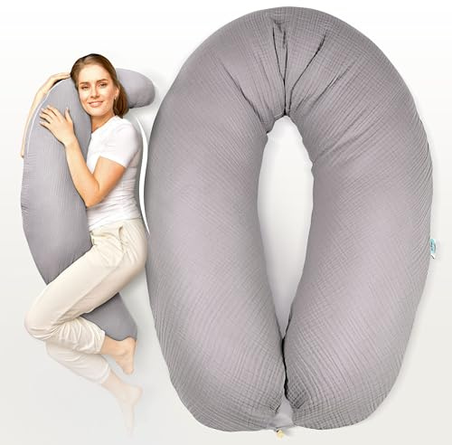 sei Design Cojín de Lactancia XXL con Funda de Muselina de 190 x 30 cm, 100% algodón orgánico, Almohada para Embarazadas, para Dormir de Lado, para Adultos y bebés